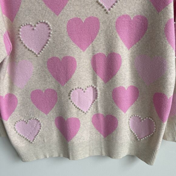 Crown & Ivy Women's Plus Size 2X Pink Heart Pearl Embellished Sweater Preppy - Picture 4 of 14